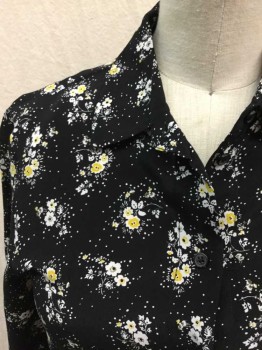 Womens, Dress, Long & 3/4 Sleeve, STOCKHOLM ATELIER, Black, White, Yellow, Viscose, Floral, 2, 1/2 Button Front, Collar Attached,  Long Sleeves,