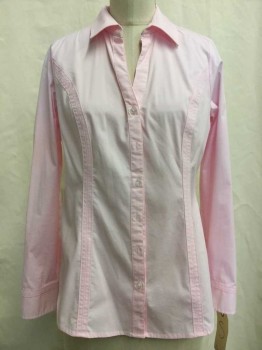 EXPRESS, Lt Pink, Cotton, Polyester, Solid, Button Front, Collar Attached,  V-neck, Long Sleeves,