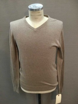Mens, Pullover Sweater, THE BASICS, Camel Brown, Cotton, Solid, M, L/S, V-N, Ribbed Knit Collar/Cuff/Waist