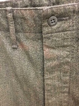N/L, Charcoal Gray, Tan Brown, Cotton, Heathered, Birds Eye Weave, Vintage Work Pants, Salt and Pepper Specked Twill, Flat Front, Button Fly, Suspender Buttons On Outside Waist, Belt Loops 5 Pockets (4 + Watch Pocket), Some Stains/Dirt/Holes Throughout