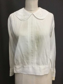 MTO, Ivory White, Cotton, Solid, Sheer Ivory, Self Stripes, Floral Embroiderred Collar Attached, Pleated Center Front,