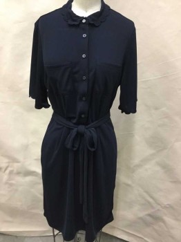 BANANA REPUBLIC, Navy Blue, Polyester, Solid, Scallop Trim Collar Attached, Button Front, 2 Pockets Top & 2 on the Side Skirt, Short Sleeves W/matching Scallop Trim,  W/self Detached BELT