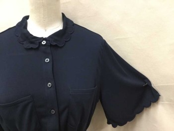 BANANA REPUBLIC, Navy Blue, Polyester, Solid, Scallop Trim Collar Attached, Button Front, 2 Pockets Top & 2 on the Side Skirt, Short Sleeves W/matching Scallop Trim,  W/self Detached BELT