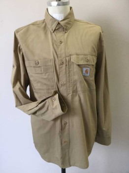 CARHART, Khaki Brown, Polyester, Cotton, Solid, Button Front, Long Sleeves, Button Down Collar, 2 Pockets, Cuff Tabs, Back Vent