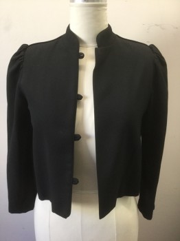 Womens, Blazer, CAROLE LITTLE, Black, Wool, Solid, M, B:38, Long Sleeves, Has 4 Loops for Button Closures **But Missing All Buttons, Mandarin Collar, Puffy Sleeves Gathered at Shoulder, Piping at Shoulder Seam to Sleeve Outseam, Lightly Padded Shoulder, Vintage 90's