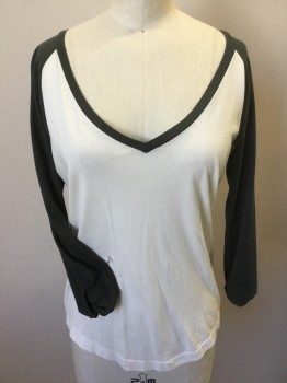 NATION, Off White, Dk Gray, Cotton, Solid, Off White Bodice, Deep Wide V-neck, Raglan Dark Gray 3/4 Sleeves with Cuff