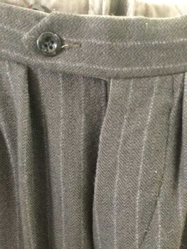 N/L, Espresso Brown, Gray, Wool, Stripes - Chalk , Herringbone, Espresso/Black Herringbone with Light Gray Chalk Stripes, Pleated, Button Fly, Button Tab Waist, Adjustable Tabs at Sides with Buckles, 3 Pockets, Made To Order
