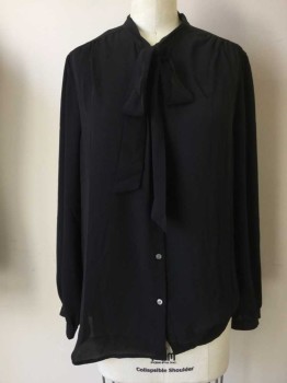 J.CREW, Black, Polyester, Solid, Black, Button Front, Self Tie Neck, Long Sleeves,