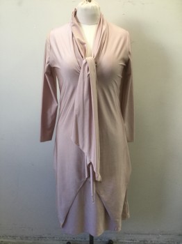 Womens, Dress, Long & 3/4 Sleeve, MTO, Blush Pink, Spandex, Solid, M, Stretchy Spandex, Futuristic Mother of the Bride, Conservative Diva, Luncheon, Elegant Church Sunday? Back Zipper, Long Sleeves, V-neck with Scarf Tie attached, Unusual Doubled Skirt with Pointed Top Layer, Conservative Studio 54