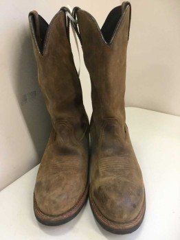 Mens, Cowboy Boots , DAN POST BOOTS, Brown, Leather, Solid, 12D, Worn Brown Leather, Brown Embroidery, Dark Brown Piping, 2" Heel