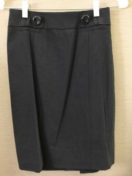 ANN TAYLOR, Midnight Blue, Wool, Spandex, Solid, Pencil Skirt, Hem Above Knee,  2 Large Buttons At Waist, Black Faille Trim