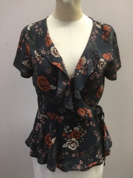 FOREVER 21, Gray, Polyester, Floral, with Terracotta and Oatmeal/Brown Floral Pattern, Surplice Ruffle, S/S, Tie Front