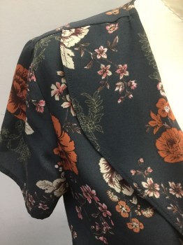 FOREVER 21, Gray, Polyester, Floral, with Terracotta and Oatmeal/Brown Floral Pattern, Surplice Ruffle, S/S, Tie Front
