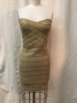 Womens, Cocktail Dress, L'STISTE, Gold, Elastane, Solid, Stripes - Horizontal , XS, Elastic Bandage, Strapless, Back Zipper, Detached Waist at Back