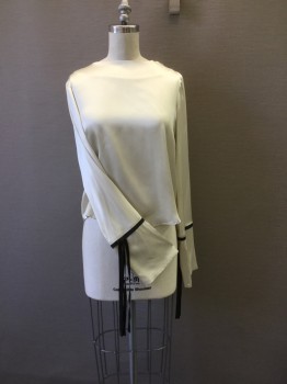 BY GEORGE, Cream, Black, Silk, Leather, Solid, Crew Neck, Long Sleeves, with Black Leather Strips at Cuff, and Black Leather Strip at Center Back, Bust Darts and Sipper at Left Shoulder