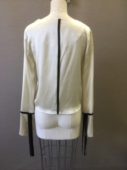 BY GEORGE, Cream, Black, Silk, Leather, Solid, Crew Neck, Long Sleeves, with Black Leather Strips at Cuff, and Black Leather Strip at Center Back, Bust Darts and Sipper at Left Shoulder