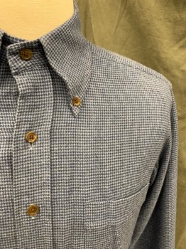 THOM SWEENEY, Lt Blue, Black, Cotton, Houndstooth, Flannel, Button Front, Collar Attached, Button Down Collar, 1 Pocket, Button Cuff