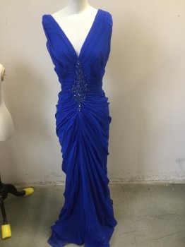 Womens, Evening Gown, TADASHI, Royal Blue, Silk, Polyester, Solid, 4, V-neck, Sleeveless, Rouching at Shoulders/ Bust, Detailed Draping at Center Front/ Back, Back Zipper, Diamond Beading Detail at Center Bust