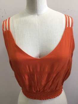 Womens, Top, FREE PEOPLE, Orange, Rayon, Solid, Stripes, XS, Tank, V-neck, 3 Thin Shoulder Straps, Self Ghost Stripes, Cropped Elastic Waist