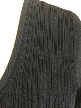 Womens, Top, VINCE, Black, Viscose, Polyester, Solid, L, Black Uneven Ribbed, Scoop Neck & back, Long Sleeves,