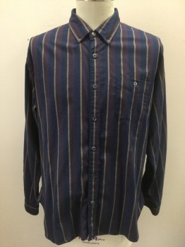 TODD SNYDER, Navy Blue, Red Burgundy, Lt Brown, Cotton, Stripes - Vertical , Navy and Burgundy Wide Vertical Stripes, with Thin Light Brown Stripes, Long Sleeve Button Front, Collar Attached, Button Down Collar, 1 Pocket with Button Closure, Retro 80's/90's Look