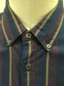 TODD SNYDER, Navy Blue, Red Burgundy, Lt Brown, Cotton, Stripes - Vertical , Navy and Burgundy Wide Vertical Stripes, with Thin Light Brown Stripes, Long Sleeve Button Front, Collar Attached, Button Down Collar, 1 Pocket with Button Closure, Retro 80's/90's Look