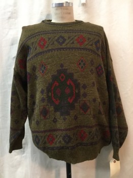 Mens, Pullover Sweater, MARKS & SPENCER, Moss Green, Red, Blue, Purple, Forest Green, Acrylic, Wool, Novelty Pattern, XL, Moss Green, Red/ Blue/ Purple/ Forrest Green Novelty Print, Crew Neck,