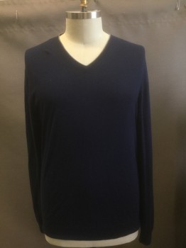 Mens, Pullover Sweater, NEIMAN MARCUS, Navy Blue, Cashmere, Silk, Solid, XXL, Knit, Long Sleeves, V-neck, Gray Accent at Neck