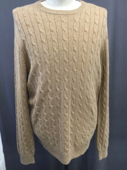 Mens, Pullover Sweater, J CREW, Camel Brown, Cashmere, Cable Knit, LT, Crew Neck,