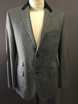 HICKEY, Gray, Black, Wool, Tweed, Notched Lapel, 2 Button Front, Black Corduroy Collar and Elbow Patches