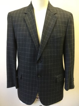 JOSEPH ABBOUD, Midnight Blue, Gray, Wool, Grid , Single Breasted, Collar Attached, Notched Lapel, 3 Pockets, 2 Buttons