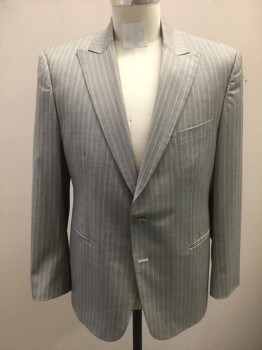 HIGH SOCIETY, Gray, Lt Gray, Wool, Stripes - Pin, Single Breasted, Peaked Lapel, 2 Buttons, 3 Pockets, Solid Gray Lining