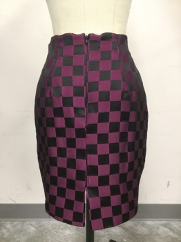 Womens, 1990s Vintage, Suit, Skirt, JS SIGNATURE, Purple, Black, Acetate, Cotton, Check , W 26, Pencil Skirt, High Waist, Zip Back, Center Back Slit