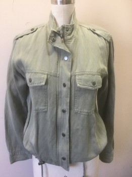 Womens, Casual Jacket, RAILS, Sage Green, Lyocell, Linen, Solid, XS, Twill, Zip and Snap Front, Drawstring Waist, 2 Patch Pockets with Flap and Snap Closures, Epaulettes at Shoulders, Stand Collar