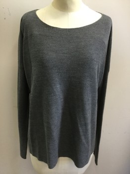 EILEEN FISHER, Graphite Gray, Solid, Scoop Neck, Long Sleeves, Ribbed Knit Yoke