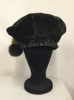 N/L, Black, Cotton, Fur, Solid, Cotton Velvet Beret Style Cap-Toe, with Cotton Cord. Around Hat Band with Light Tan & Brown Rabbit Fur Pom Pom Tassel,