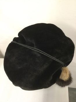 N/L, Black, Cotton, Fur, Solid, Cotton Velvet Beret Style Cap-Toe, with Cotton Cord. Around Hat Band with Light Tan & Brown Rabbit Fur Pom Pom Tassel,