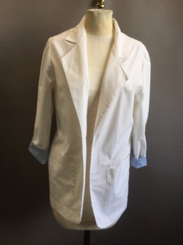 P.L. , White, Poly/Cotton, Solid, Women's 1 Button Front (Missing Button), Notch Collar Attached, 3/4 Sleeves with Light Blue/White Gingham Rolled Back Cuffs, 2 Pockets