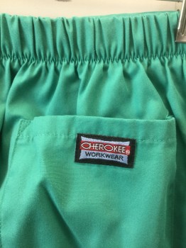 CHEROKEE, Kelly Green, Polyester, Cotton, Solid, Drawstring Waist, Elastic Waist in Back, Vents at Each Leg Opening, 2 Side Seam Pockets + 1 Back Pocket