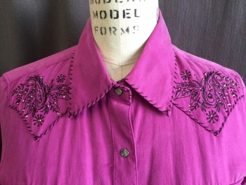 Womens, Shirt, RYAN, Fuchsia Pink, Silk, Cotton, Solid, S, Black Hand-stitches Along Collar Attached, Yoke with Paisley/flower Embroidery & Rhinestones Work, Pink Abalone Shells Snap Front, 2 Pockets with Flap & Long Sleeves Cuffs