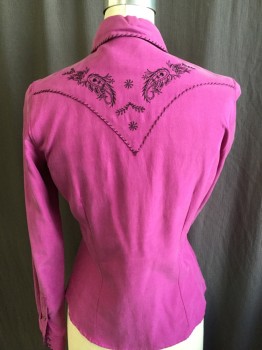 RYAN, Fuchsia Pink, Silk, Cotton, Solid, Black Hand-stitches Along Collar Attached, Yoke with Paisley/flower Embroidery & Rhinestones Work, Pink Abalone Shells Snap Front, 2 Pockets with Flap & Long Sleeves Cuffs