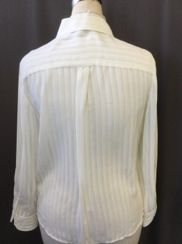 TOMMY HILFIGER, Cream, Polyester, Stripes, Peter Pan Collar, Long Sleeves, Hidden Placket Button Front, Self Stripe, Sheer