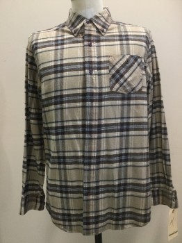 WEATHER PROOF, Beige, White, Navy Blue, Brown, Cotton, Plaid, Button Front, Button Down Collar, Long Sleeves, 1 Pocket,