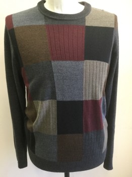 Mens, Pullover Sweater, DOCKERS, Gray, Maroon Red, Brown, Black, Taupe, Acrylic, Geometric, 40, Large, Crew Neck, Knit Squares and Rib Knit Squares, Solid Back