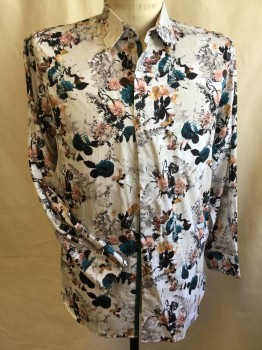 Mens, Casual Shirt, TED BAKER, Off White, Teal Green, Peach Orange, Black, Beige, Cotton, Floral, Abstract , 31.5, 16, Collar Attached, Button Front, Long Sleeves,