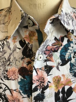 Mens, Casual Shirt, TED BAKER, Off White, Teal Green, Peach Orange, Black, Beige, Cotton, Floral, Abstract , 31.5, 16, Collar Attached, Button Front, Long Sleeves,
