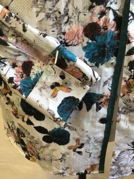 TED BAKER, Off White, Teal Green, Peach Orange, Black, Beige, Cotton, Floral, Abstract , Collar Attached, Button Front, Long Sleeves,