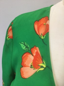 TOP SHOP, Green, Tomato Red, Yellow, Polyester, Floral, Green Crepe with Tomato-Red Flowers with Yellow Accents, 3/4 Sleeve, V-neck, 1 Button Closure at Center Front Neckline, Self Ties at Waist, Open Center Front, Peplum Hem
