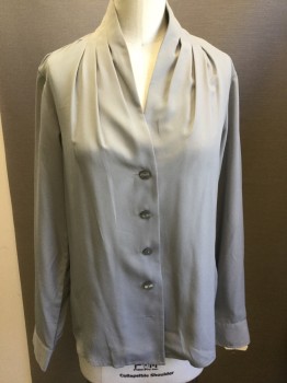PENDELTON, Gray, Silk, Solid, Button Front, Long Sleeves, Stand Up Collar W/sewn Pleats
