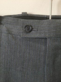 Mens, Slacks, ALFANI, Gray, Lt Blue, Beige, Wool, Polyester, Stripes - Pin, Ins:32, W:33, Gray with Light Blue and Beige Dashed Micro Pin Stripes, Flat Front, Button Tab Waist, Zip Fly, 4 Pockets, Straight Leg